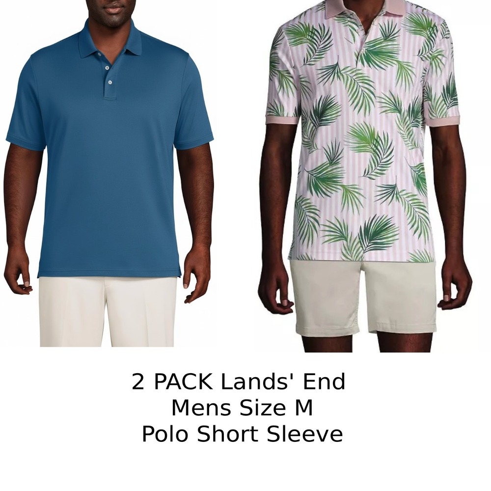 2 Pack Lands' End Mens M Evening Blue & White/Pink Striped Palm Polo Short